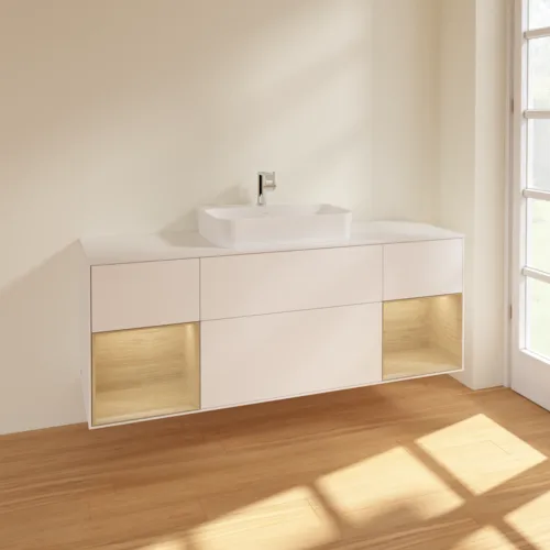 VILLEROY BOCH Toaletní skříňka Finion, s osvětlením, 4 výsuvy, 1600 x 603 x 501 mm, bílý matný lak / dubová dýha / sklo bílé matné #F451PCMT, obrázek 2