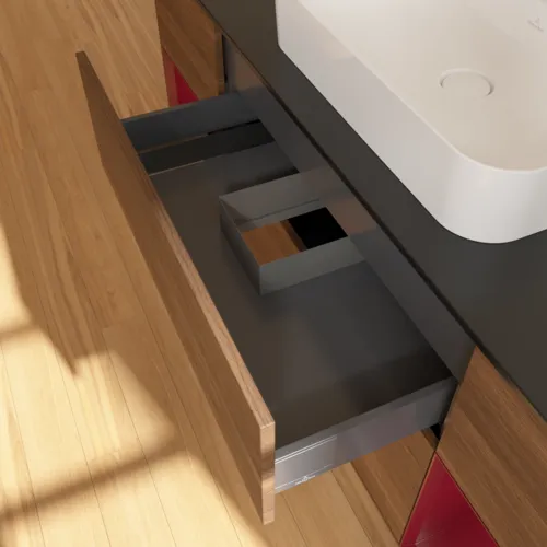 VILLEROY BOCH Toaletní skříňka Finion, s osvětlením, 4 výsuvy, 1600 x 603 x 501 mm, ořechová dýha / pivoňkový matný lak / černé matné sklo #F452HBGN, obrázek 6