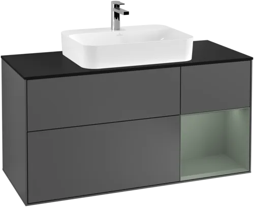 VILLEROY BOCH Toaletní skříňka Finion, s osvětlením, 3 výsuvy, 1200 x 603 x 501 mm, antracitový matný lak / olivový matný lak / černé matné sklo #F422GMGK, obrázek 1