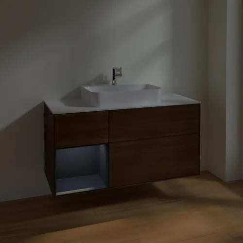 VILLEROY BOCH Toaletní skříňka Finion, s osvětlením, 3 výsuvy, 1200 x 603 x 501 mm, ořechová dýha / půlnočně modrý matný lak / sklo bílé matné #F411HGGN, obrázek 5