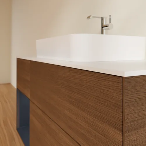 VILLEROY BOCH Toaletní skříňka Finion, s osvětlením, 3 výsuvy, 1200 x 603 x 501 mm, ořechová dýha / půlnočně modrý matný lak / sklo bílé matné #F411HGGN, obrázek 6