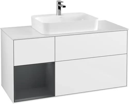 VILLEROY BOCH Toaletní skříňka Finion, s osvětlením, 3 výsuvy, 1200 x 603 x 501 mm, lesklý bílý lak / půlnoční modrý matný lak / bílé matné sklo #F411HGGF