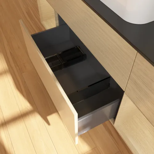 VILLEROY BOCH Toaletní stolek Finion, s osvětlením, 4 výsuvy, 1600 x 603 x 501 mm, dubová dýha / dubová dýha / sklo černé matné #F452PCPC, obrázek 6