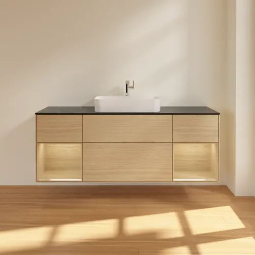 VILLEROY BOCH Toaletní stolek Finion, s osvětlením, 4 výsuvy, 1600 x 603 x 501 mm, dubová dýha / dubová dýha / sklo černé matné #F452PCPC, obrázek 2