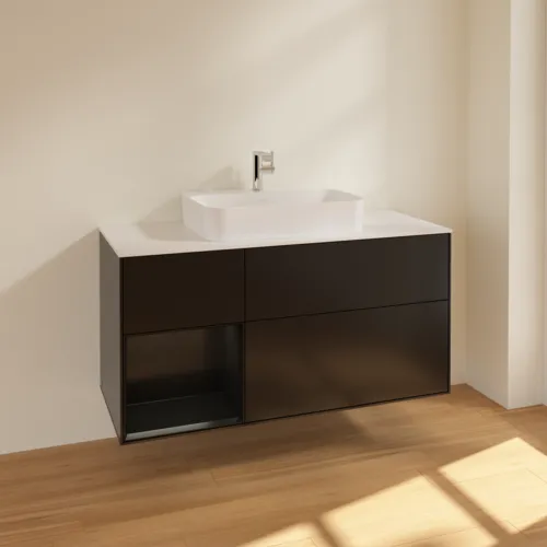 VILLEROY BOCH Toaletní skříňka Finion, s osvětlením, 3 výsuvy, 1200 x 603 x 501 mm, černý matný lak / černý matný lak / sklo bílé matné #F411PDPD, obrázek 2