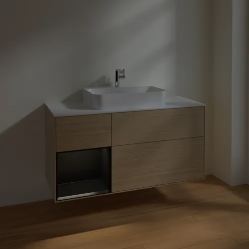 VILLEROY BOCH Toaletní skříňka Finion, s osvětlením, 3 výsuvy, 1200 x 603 x 501 mm, dubová dýha / černý matný lak / bílé matné sklo #F411PDPC, obrázek 5