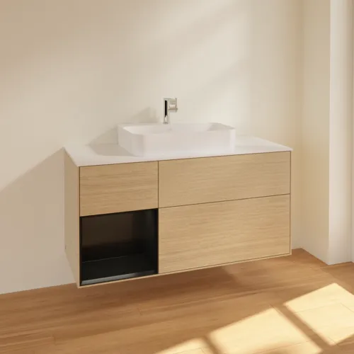 VILLEROY BOCH Toaletní skříňka Finion, s osvětlením, 3 výsuvy, 1200 x 603 x 501 mm, dubová dýha / černý matný lak / bílé matné sklo #F411PDPC, obrázek 2