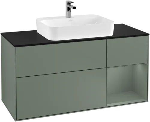 VILLEROY BOCH Toaletní skříňka Finion, s osvětlením, 3 výsuvy, 1200 x 603 x 501 mm, olivově matný lak / olivově matný lak / sklo černé matné #F422GMGM