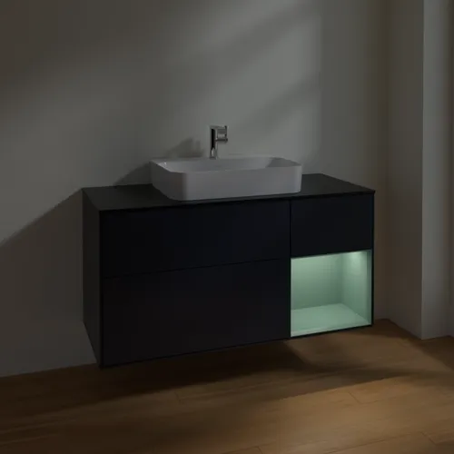 VILLEROY BOCH Toaletní skříňka Finion, s osvětlením, 3 výsuvy, 1200 x 603 x 501 mm, Midnight Blue Matt Lacquer / Olive Matt Lacquer / Glass Black Matt #F422GMHG, obrázek 5