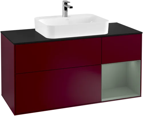VILLEROY BOCH Toaletní skříňka Finion, s osvětlením, 3 výsuvy, 1200 x 603 x 501 mm, Pivoňka matný lak / Olivový matný lak / Sklo černé matné #F422GMHB