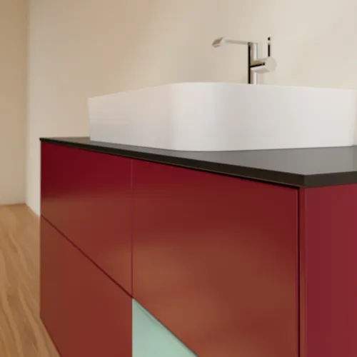 VILLEROY BOCH Toaletní skříňka Finion, s osvětlením, 3 výsuvy, 1200 x 603 x 501 mm, Pivoňka matný lak / Olivový matný lak / Sklo černé matné #F422GMHB, obrázek 6