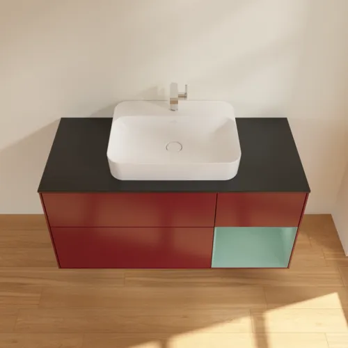 VILLEROY BOCH Toaletní skříňka Finion, s osvětlením, 3 výsuvy, 1200 x 603 x 501 mm, Pivoňka matný lak / Olivový matný lak / Sklo černé matné #F422GMHB, obrázek 4