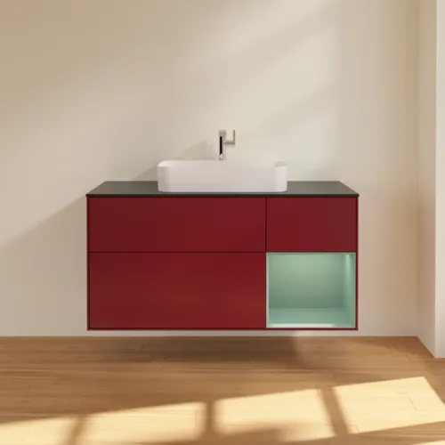 VILLEROY BOCH Toaletní skříňka Finion, s osvětlením, 3 výsuvy, 1200 x 603 x 501 mm, Pivoňka matný lak / Olivový matný lak / Sklo černé matné #F422GMHB, obrázek 3