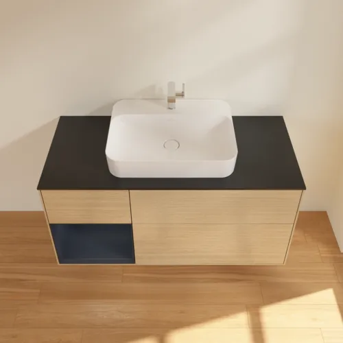 VILLEROY BOCH Toaletní skříňka Finion, s osvětlením, 3 výsuvy, 1200 x 603 x 501 mm, dubová dýha / půlnočně modrý matný lak / černé matné sklo #F412HGPC, obrázek 4