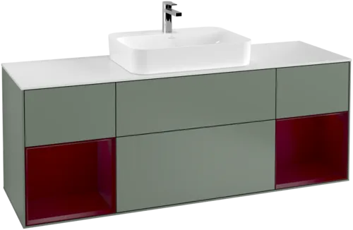 VILLEROY BOCH Toaletní skříňka Finion, s osvětlením, 4 výsuvy, 1600 x 603 x 501 mm, olivový matný lak / pivoňkový matný lak / bílé matné sklo #F451HBGM