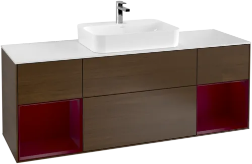 VILLEROY BOCH Toaletní skříňka Finion, s osvětlením, 4 výsuvy, 1600 x 603 x 501 mm, ořechová dýha / matný lak Pivoňka / matné bílé sklo #F451HBGN