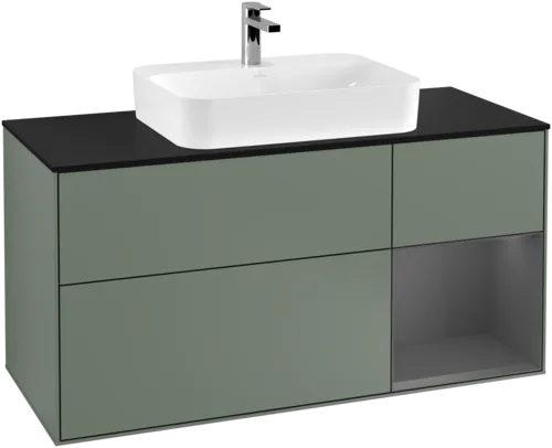 VILLEROY BOCH Toaletní skříňka Finion, s osvětlením, 3 výsuvy, 1200 x 603 x 501 mm, olivový matný lak / antracitový matný lak / černé matné sklo #F422GKGM, obrázek 1
