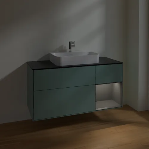 VILLEROY BOCH Toaletní skříňka Finion, s osvětlením, 3 výsuvy, 1200 x 603 x 501 mm, olivový matný lak / antracitový matný lak / černé matné sklo #F422GKGM, obrázek 5