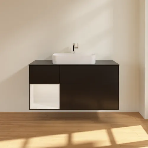 VILLEROY BOCH Toaletní skříňka Finion, s osvětlením, 3 výsuvy, 1200 x 603 x 501 mm, černý matný lak / bílý lesklý lak / černé matné sklo #F412GFPD, obrázek 3