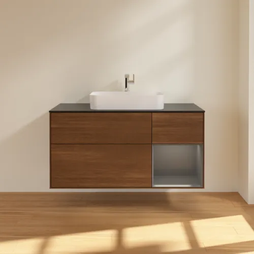 VILLEROY BOCH Toaletní skříňka Finion, s osvětlením, 3 výsuvy, 1200 x 603 x 501 mm, ořechová dýha / antracitový matný lak / černé matné sklo #F422GKGN, obrázek 3