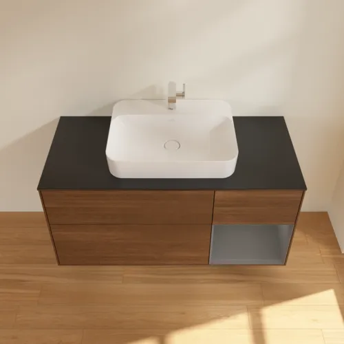 VILLEROY BOCH Toaletní skříňka Finion, s osvětlením, 3 výsuvy, 1200 x 603 x 501 mm, ořechová dýha / antracitový matný lak / černé matné sklo #F422GKGN, obrázek 4