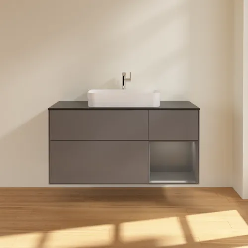 VILLEROY BOCH Toaletní skříňka Finion, s osvětlením, 3 výsuvy, 1200 x 603 x 501 mm, antracit matný lak / antracit matný lak / sklo černé matné #F422GKGK, obrázek 3