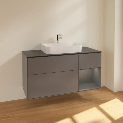 VILLEROY BOCH Toaletní skříňka Finion, s osvětlením, 3 výsuvy, 1200 x 603 x 501 mm, antracit matný lak / antracit matný lak / sklo černé matné #F422GKGK, obrázek 2