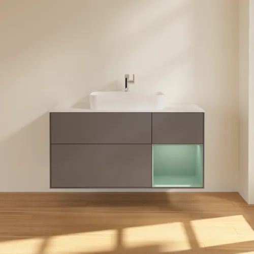 VILLEROY BOCH Toaletní skříňka Finion, s osvětlením, 3 výsuvy, 1200 x 603 x 501 mm, antracitový matný lak / olivový matný lak / bílé matné sklo #F421GMGK, obrázek 3