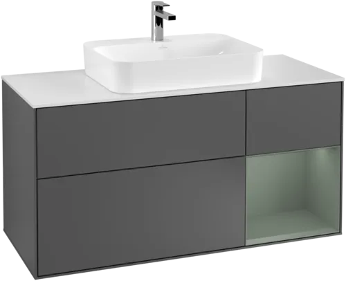 VILLEROY BOCH Toaletní skříňka Finion, s osvětlením, 3 výsuvy, 1200 x 603 x 501 mm, antracitový matný lak / olivový matný lak / bílé matné sklo #F421GMGK