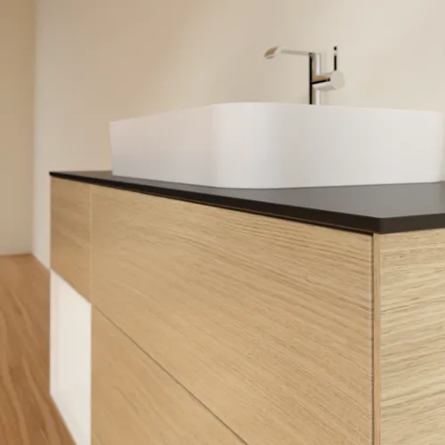 VILLEROY BOCH Toaletní skříňka Finion, s osvětlením, 3 výsuvy, 1200 x 603 x 501 mm, dubová dýha / lesklý bílý lak / černé matné sklo #F412GFPC, obrázek 6