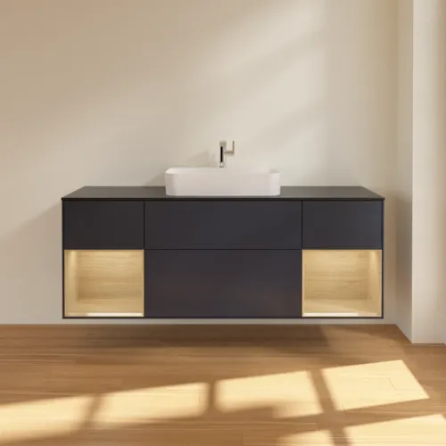 VILLEROY BOCH Toaletní skříňka Finion, s osvětlením, 4 výsuvy, 1600 x 603 x 501 mm, Midnight Blue Matt Lacquer / Dubová dýha / Sklo Black Matt #F452PCHG, obrázek 3