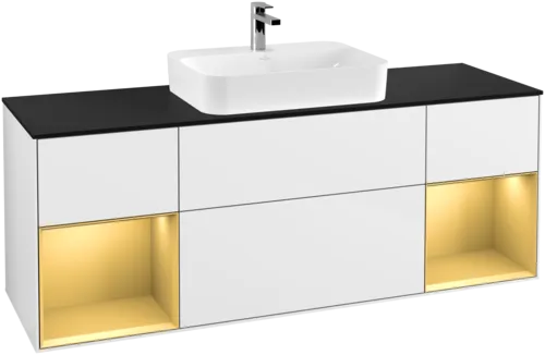 VILLEROY BOCH Toaletní skříňka Finion, s osvětlením, 4 výsuvy, 1600 x 603 x 501 mm, lesklý bílý lak / zlatý matný lak / černé matné sklo #F452HFGF