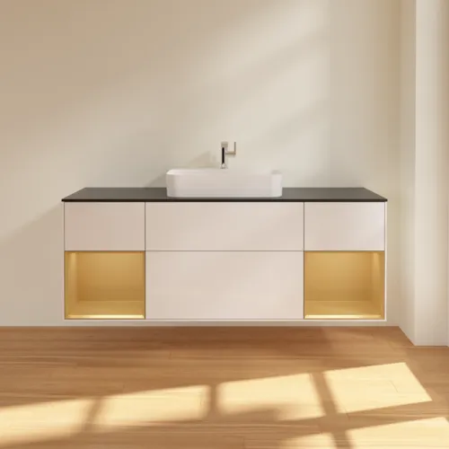 VILLEROY BOCH Toaletní skříňka Finion, s osvětlením, 4 výsuvy, 1600 x 603 x 501 mm, lesklý bílý lak / zlatý matný lak / černé matné sklo #F452HFGF, obrázek 2