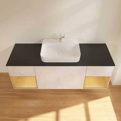 VILLEROY BOCH Toaletní skříňka Finion, s osvětlením, 4 výsuvy, 1600 x 603 x 501 mm, lesklý bílý lak / zlatý matný lak / černé matné sklo #F452HFGF, obrázek 3