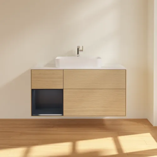 VILLEROY BOCH Toaletní skříňka Finion, s osvětlením, 3 výsuvy, 1200 x 603 x 501 mm, dubová dýha / půlnočně modrý matný lak / bílé matné sklo #F411HGPC, obrázek 3