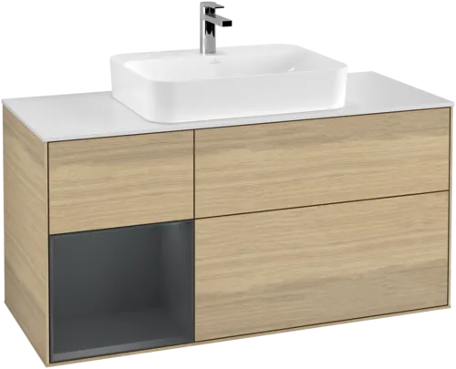 VILLEROY BOCH Toaletní skříňka Finion, s osvětlením, 3 výsuvy, 1200 x 603 x 501 mm, dubová dýha / půlnočně modrý matný lak / bílé matné sklo #F411HGPC