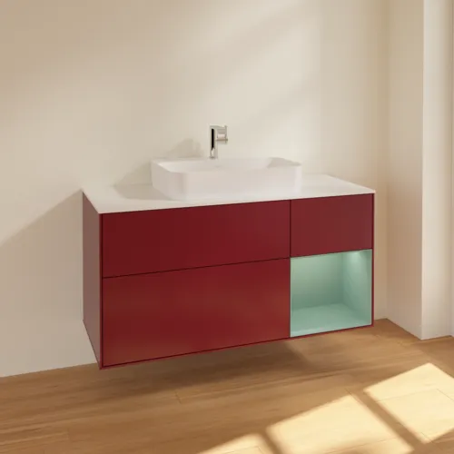 VILLEROY BOCH Toaletní skříňka Finion, s osvětlením, 3 výsuvy, 1200 x 603 x 501 mm, Pivoňka matný lak / Olivový matný lak / Sklo bílé matné #F421GMHB, obrázek 2