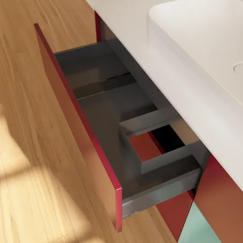 VILLEROY BOCH Toaletní skříňka Finion, s osvětlením, 3 výsuvy, 1200 x 603 x 501 mm, Pivoňka matný lak / Olivový matný lak / Sklo bílé matné #F421GMHB, obrázek 8