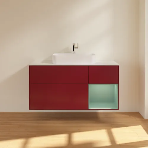 VILLEROY BOCH Toaletní skříňka Finion, s osvětlením, 3 výsuvy, 1200 x 603 x 501 mm, Pivoňka matný lak / Olivový matný lak / Sklo bílé matné #F421GMHB, obrázek 3