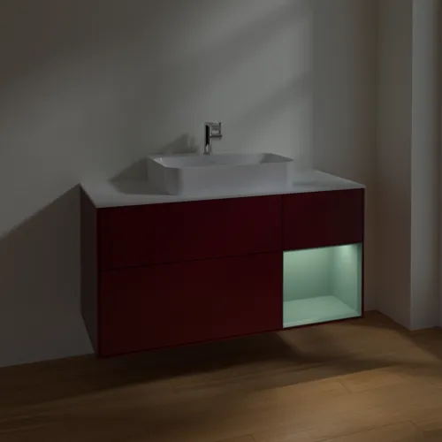 VILLEROY BOCH Toaletní skříňka Finion, s osvětlením, 3 výsuvy, 1200 x 603 x 501 mm, Pivoňka matný lak / Olivový matný lak / Sklo bílé matné #F421GMHB, obrázek 5