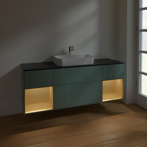 VILLEROY BOCH Toaletní skříňka Finion, s osvětlením, 4 výsuvy, 1600 x 603 x 501 mm, olivový matný lak / zlatý matný lak / černé matné sklo #F452HFGM, obrázek 3