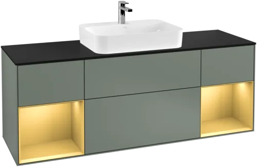 VILLEROY BOCH Toaletní skříňka Finion, s osvětlením, 4 výsuvy, 1600 x 603 x 501 mm, olivový matný lak / zlatý matný lak / černé matné sklo #F452HFGM, obrázek 1