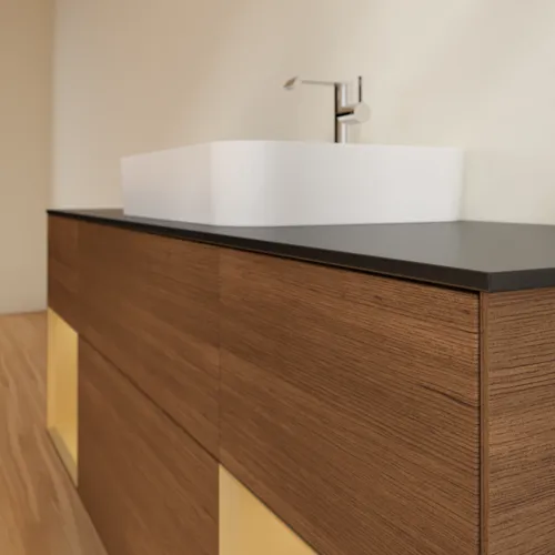 VILLEROY BOCH Toaletní skříňka Finion, s osvětlením, 4 výsuvy, 1600 x 603 x 501 mm, ořechová dýha / zlatý matný lak / sklo černé matné #F452HFGN, obrázek 5