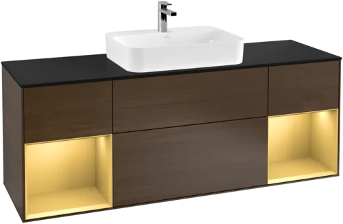 VILLEROY BOCH Toaletní skříňka Finion, s osvětlením, 4 výsuvy, 1600 x 603 x 501 mm, ořechová dýha / zlatý matný lak / sklo černé matné #F452HFGN, obrázek 1