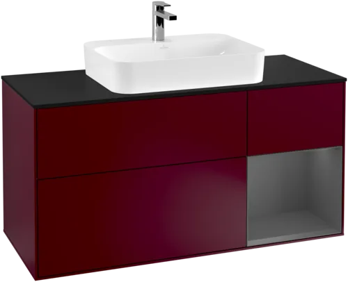 VILLEROY BOCH Toaletní skříňka Finion, s osvětlením, 3 výsuvy, 1200 x 603 x 501 mm, Pivoňka matný lak / Antracit matný lak / Sklo černé matné #F422GKHB, obrázek 1
