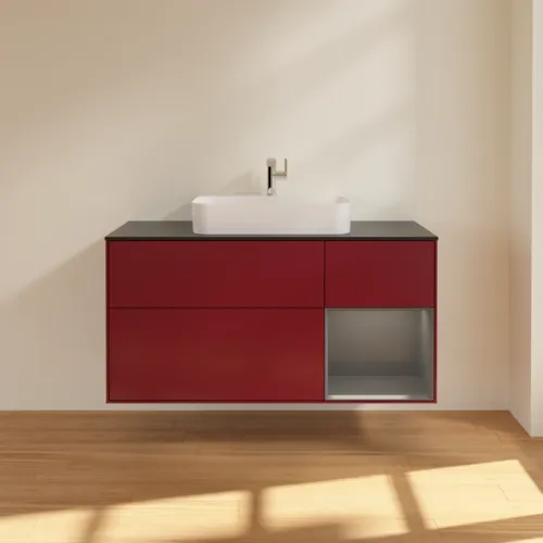 VILLEROY BOCH Toaletní skříňka Finion, s osvětlením, 3 výsuvy, 1200 x 603 x 501 mm, Pivoňka matný lak / Antracit matný lak / Sklo černé matné #F422GKHB, obrázek 3