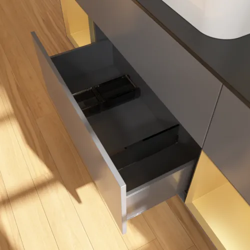 VILLEROY BOCH Toaletní skříňka Finion, s osvětlením, 4 výsuvy, 1600 x 603 x 501 mm, antracit matný lak / zlatý matný lak / černé matné sklo #F452HFGK, obrázek 4