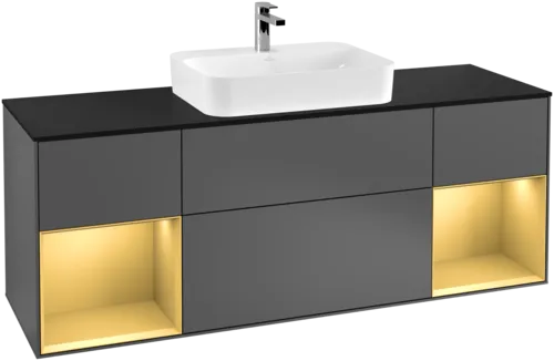 VILLEROY BOCH Toaletní skříňka Finion, s osvětlením, 4 výsuvy, 1600 x 603 x 501 mm, antracit matný lak / zlatý matný lak / černé matné sklo #F452HFGK