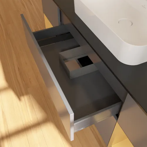 VILLEROY BOCH Toaletní skříňka Finion, s osvětlením, 4 výsuvy, 1600 x 603 x 501 mm, antracit matný lak / zlatý matný lak / černé matné sklo #F452HFGK, obrázek 5