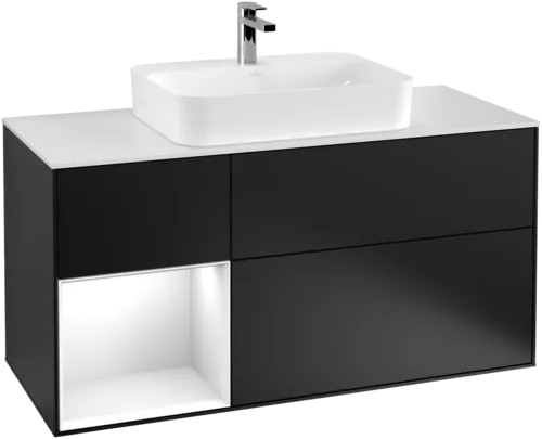 VILLEROY BOCH Toaletní skříňka Finion, s osvětlením, 3 výsuvy, 1200 x 603 x 501 mm, černý matný lak / bílý lesklý lak / bílé matné sklo #F411GFPD